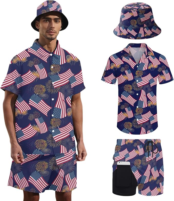 Men's Hawaiian Shirt and Shorts Set 2 Piece Beach Outfits with Bucket Hats for Beach Days and Summer Vibes