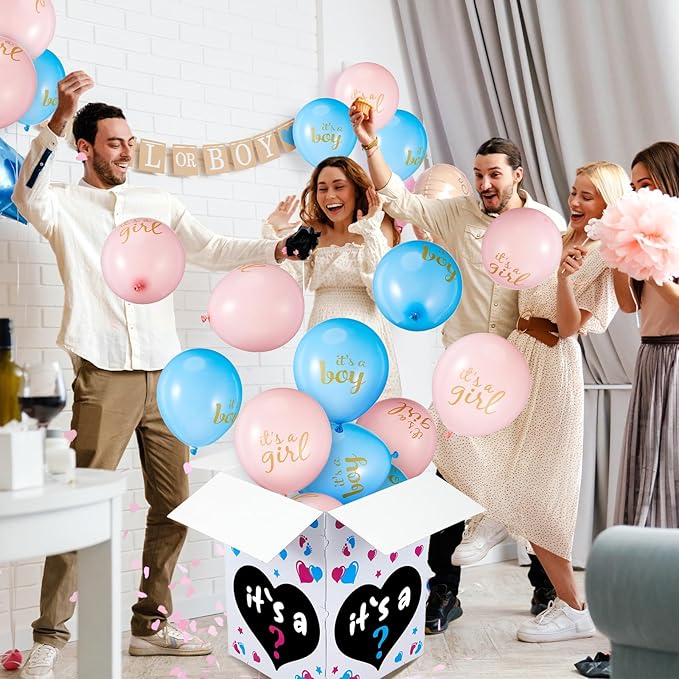 Ireer Gender Reveal Balloon Box with 16 Latex Baby Balloon Release Box Funny Ideas for Gender Reveal Party Decorations Supplies(Boy and Girl,Pink,Blue)