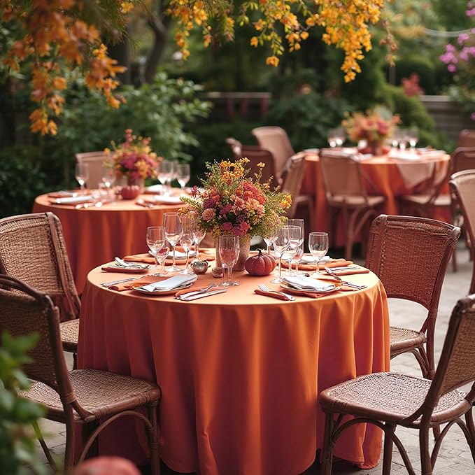 sancua Thanksgiving Round Tablecloth 108 Inch Diameter, 8 Pack Rust Circle Polyester Fabric Fall Table Cloth for Holiday Party Reception, Washable Table Cover Burnt Orange (Fit 42-96 Inch Tables)