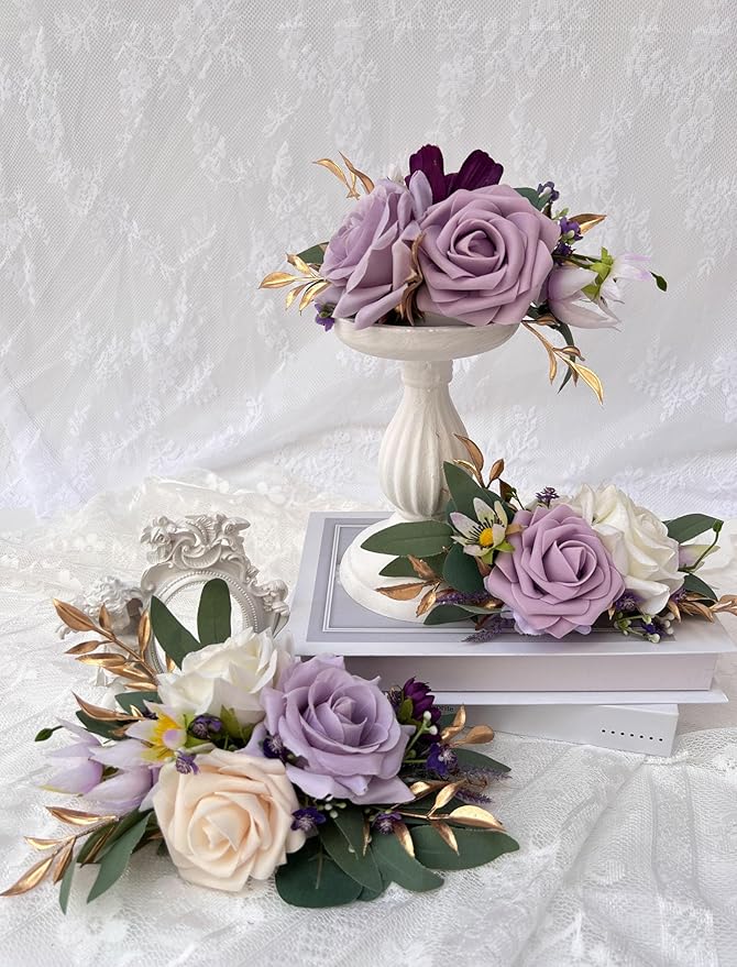 CherishedMoments 3Pcs Cake Topper Set, Wedding Artificial Flowers Decor Purple Cake Topper Decorations for Wedding Ceremony Anniversary, Home Decor,Fall Vintage