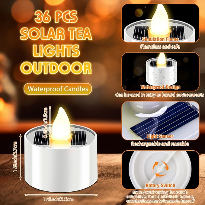 36 Pcs Solar Tea Lights Bulk Outdoor Waterproof Rechargeable Dusk to Dawn Lighting Small Valentine's Day Flameless Flickering LED Votive Candles for Garden Patio Party Lanterns (Warm White)
