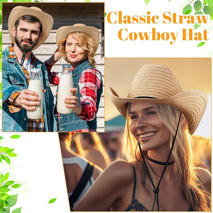 Unittype Adult Cowboy Hat Bulk Western Party Straw Hat Unisex Cowboy Cowgirl Set for Women Men