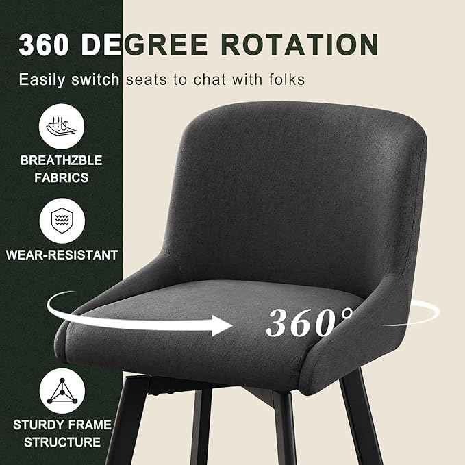 Swivel Counter Height Bar Stools Set of 3, 29''H Upholstered Barstools with Backs, Modern Bar Stool Chairs for Kitchen Island, Metal Legs, Fabric, Black Grey Stools Counter Chair