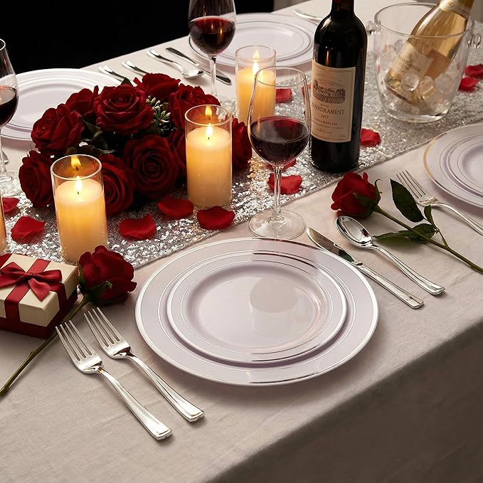 Supernal 800Pcs Silver Plastic Plates,Silver Plastic Dinnerware Set,Disposable Silvery Plates Include 100 Dinner Plate,100 Salad Plate,100 Spoons,200 Forks,100 Knives,100 Cups,100 Napkins for Party