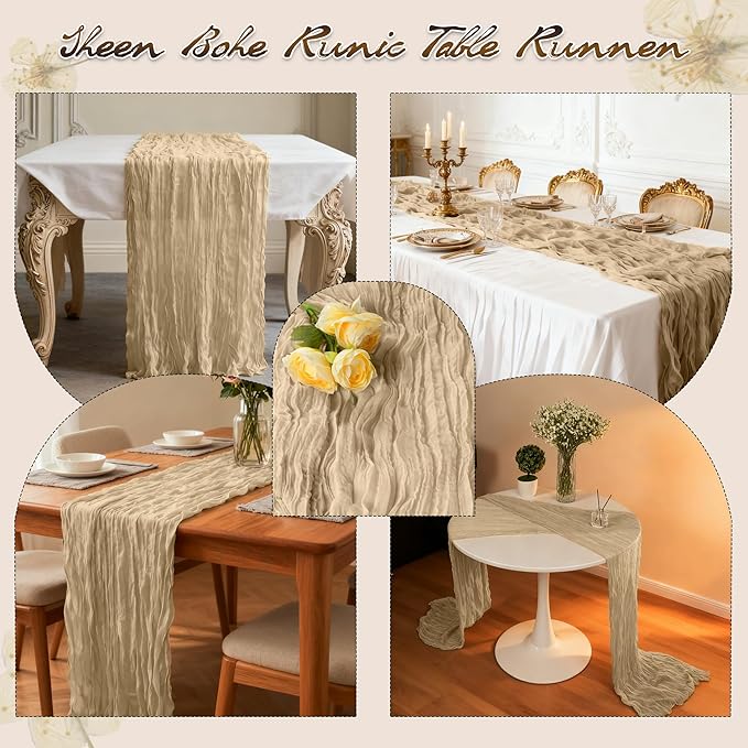 16Packs Champagne Cheesecloth Table Runner – Boho Gauze Vintage Table Decor, 120 Inch Long Rustic Cloth Runner for Wedding, Bridal Shower, Birthday, Romantic Party 10Ft (Champagne, 24" x 120"-16Packs)