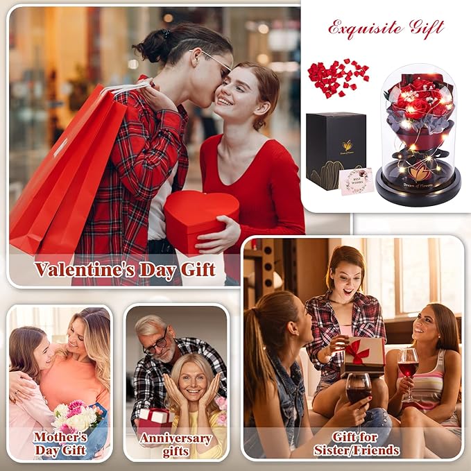 Valentines Day Gifts for Her,Birthday Gifts for Women,Beauty and the Beast Rose in Glass Dome with 2 Light Modes,Enchanted rose Flower Roses Bouquets Valentines Gifts for Daughter Mom Wife Girlfriend