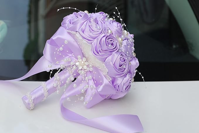 Handmade Wedding Bouquets for Bride Bridesmaid Brooch Artificial Holding Flower Tossing Bouquet(Light Purple,19cm,1PC)