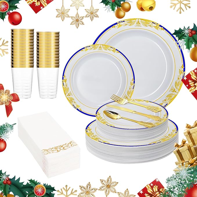MENDENG 175pcs Plastic Plates for Party Plates Disposable Heavy Duty Platos Desechables Elegantes for Wedding Reception Thanksgiving Christmas Plates and Cups and Napkins and Gold Cutlery Sets