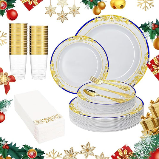 MENDENG 175pcs Plastic Plates for Party Plates Disposable Heavy Duty Platos Desechables Elegantes for Wedding Reception Thanksgiving Christmas Plates and Cups and Napkins and Gold Cutlery Sets