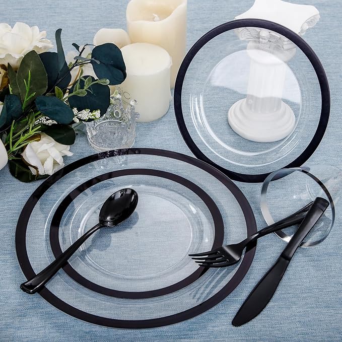 I00000 350 Pcs Clear and Black Plastic Plates,Black Dinnerware Set, Include 50 Dinner and 50 Dessert Plates,50 Plastic Cups,50 Pre Rolled Napkins with Cutlery for Party