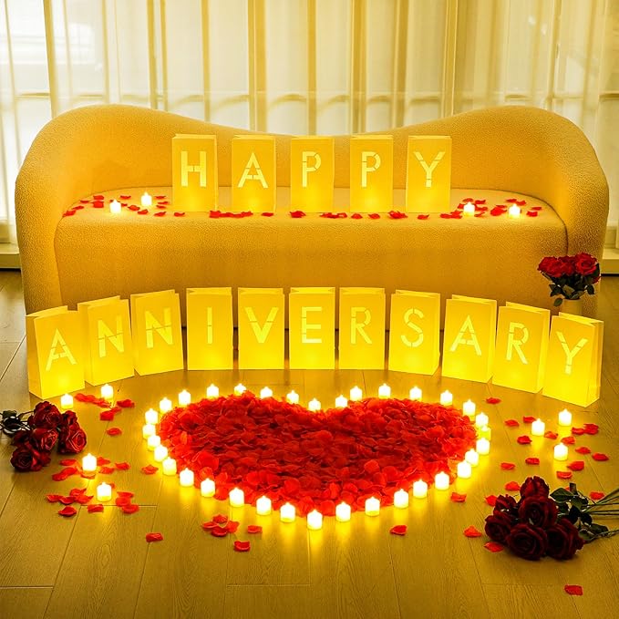 6088 Pcs Happy Anniversary Light up Letters with LED Flameless Tealight Candle Red Rose Petal Letter Luminary Paper Bag for Valentine's Day Decorations Proposal Romantic Special Night Decor