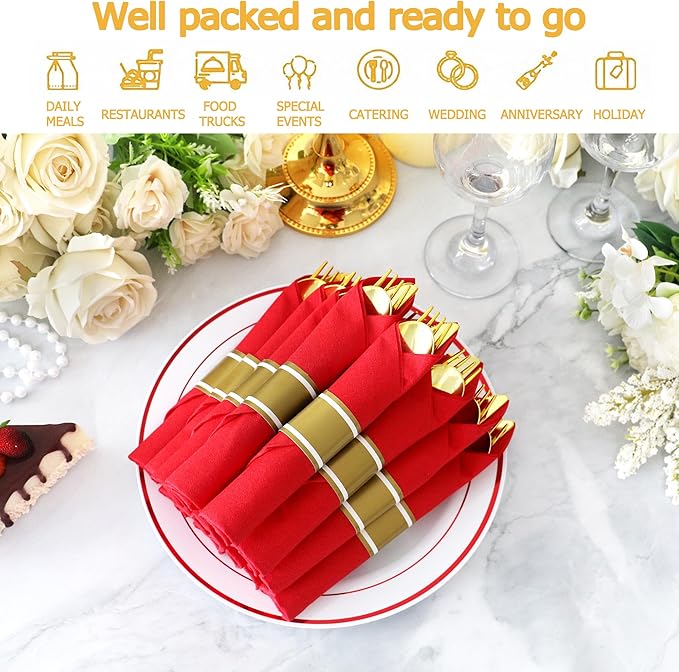 50 Pack Pre Rolled Gold Plastic Silverware Set,Wrapped Plastic Cutlery Set with Napkin Include 50 Forks,50 Spoons,50 Knives and 50 Red Napkins for Party,Wedding,Christmas