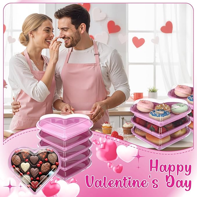Macarrie 25 Pcs Valentine's Heart Shaped Serving Tray Platter 20 oz Heart Plates with Clear Lids Dessert Plates Snack Tray for Valentine Birthday Party Table Decoration (Pink)