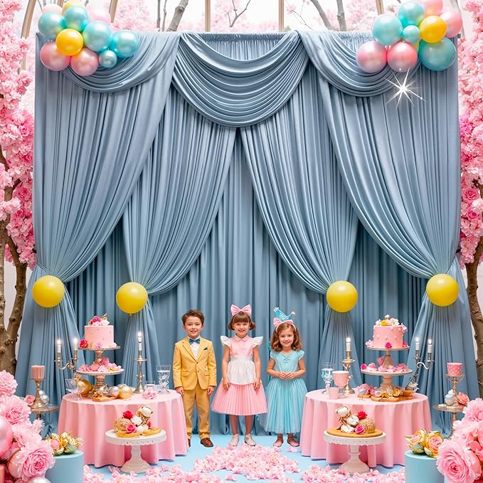 30 ft x 10 ft Wrinkle Free Dusty Blue Backdrop Curtain for Parties, 6 Panels 10ft Polyester Dusty Blue Photo Backdrop Drapes for Graduation Birthday Wedding Party Stage Curtains