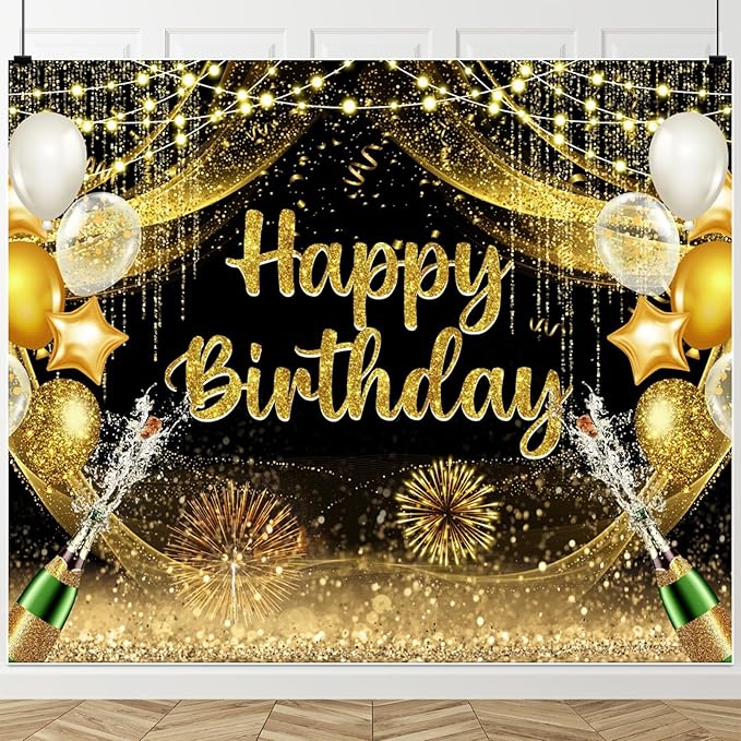 ChloropLastid Happy Birthday Backdrop 10x8ft Black and Gold Vinyl Birthday Photography Background Banner for Party Decoration Supplies