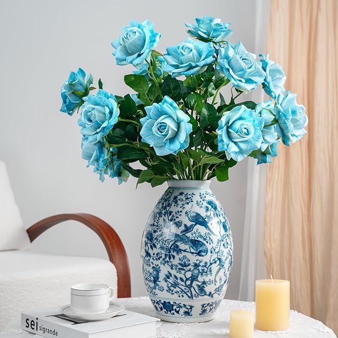 Artificial Flowers 23.2In Artificial Roses 20PCS Fake Roses Long Stem Artificial Flowers for Tall Vase Silk Rose Spring Suitable for Indoor Wedding Party Decor Valentine's Day DIY Bouquet,Blue