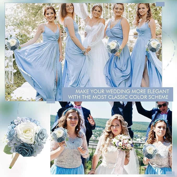 Artificial Bridesmaids Bouquets Set of 2 - 7 inch Silk Rose Bouquets for Bridesmaids, Pre-made Bridesmaid Flowers Small Bouquet for Wedding Vintage Country Bridal Shower Decorations -Dusty Blue
