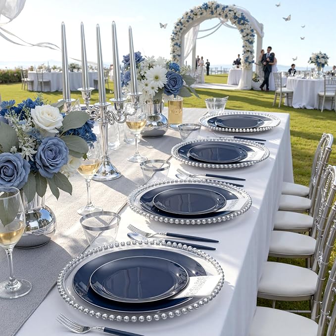 KIRE 175Pcs Blue Plastic Plates with Silver Rim & Disposable Silverware with Blue Handle & Silver-rim Cups & Hand Napkin & Plastic Dinnerware for Parties/Wedding