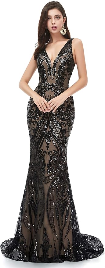 Women's Double V-Neck Sequins Lace-up Mermaid Evening Dress
