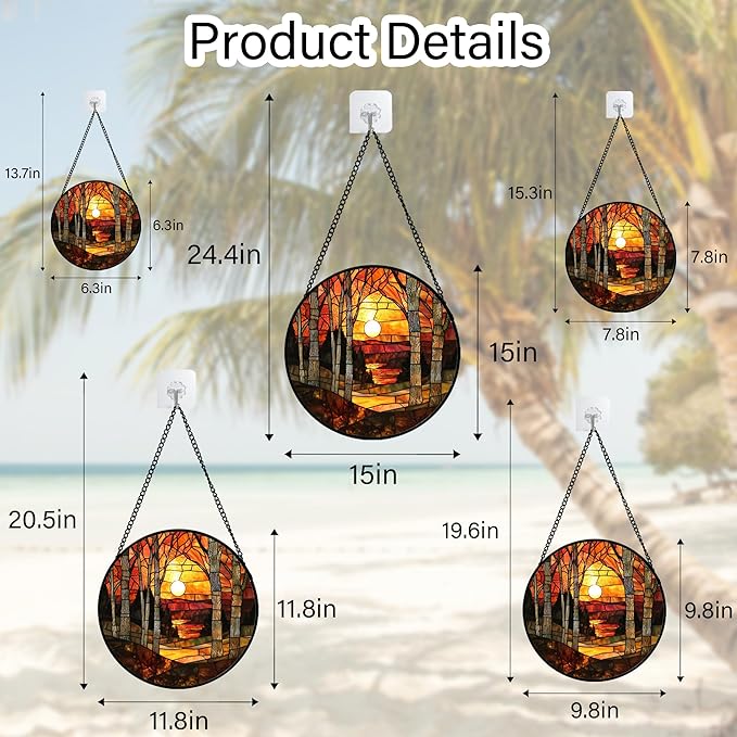 Stained Glass Window Hanging, Orange Red Landscape Forest Lake Moon Suncatcher for Doors Window Home Sun Catchers Decor Mother's Day Birthday Gifts for Women Men Mom 9.8 in