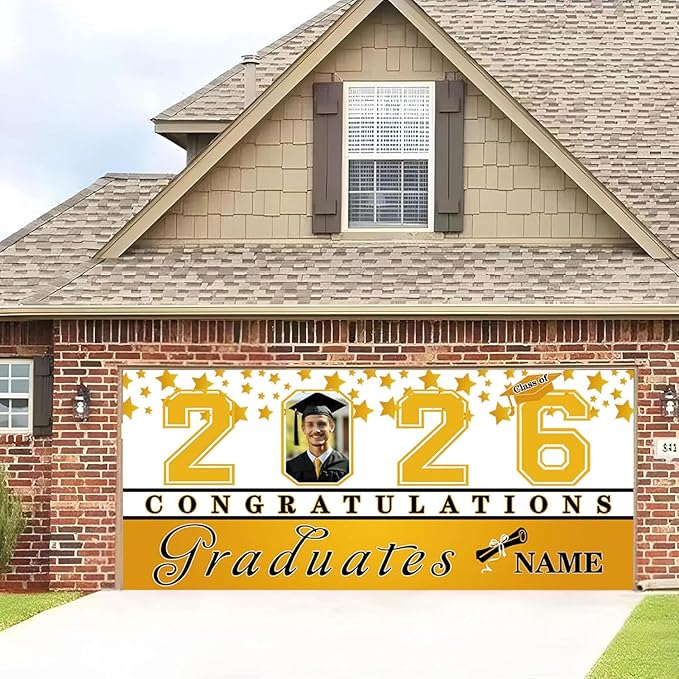 Custom Photo Graduation Garage Door Banner Personalized 2026 Grad Banner 7x16ft Porch Door Sign Decoration Outdoor Photo Booth Backdrop Party Supplies(Yellow and White)