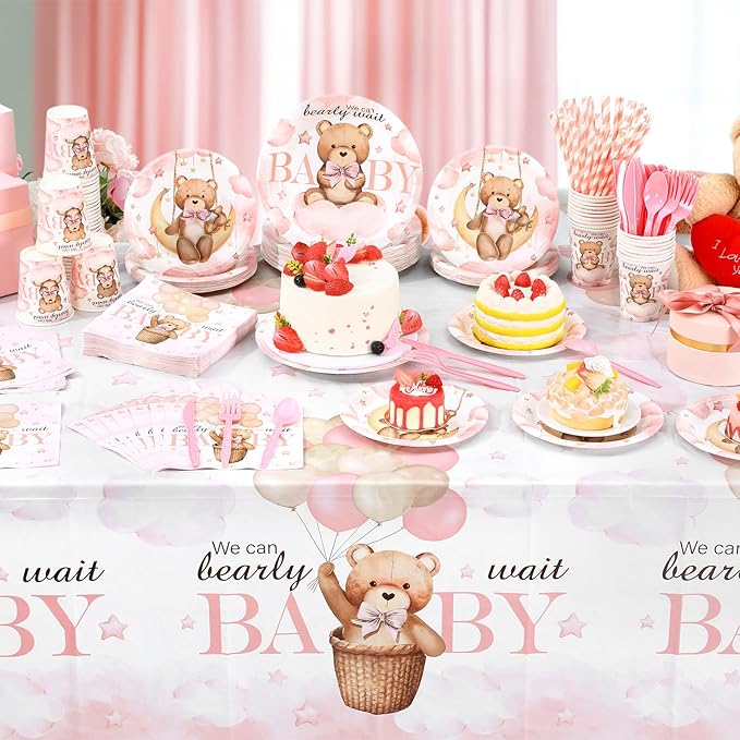452 Pcs We Can Bearly Wait Baby Shower Decorations, Pink Bear Paper Plates Napkins Cups Tablecloth Cutlery Straws for Pink Baby Shower Gender Reveal Birthday Party Supplies, Serves 50
