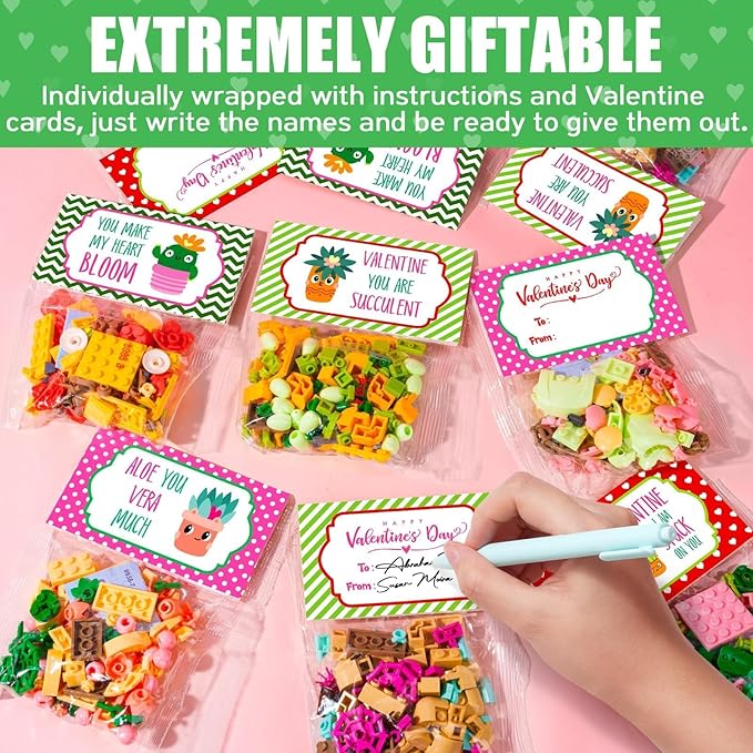 Valentines Day Gifts for Kids - 24 Packs Succulents Building Blocks with Valentines Day Cards for Kids School Boys Girls, Artificial Botanical Toy Exchange Gifts Classroom Prizes Party Favor