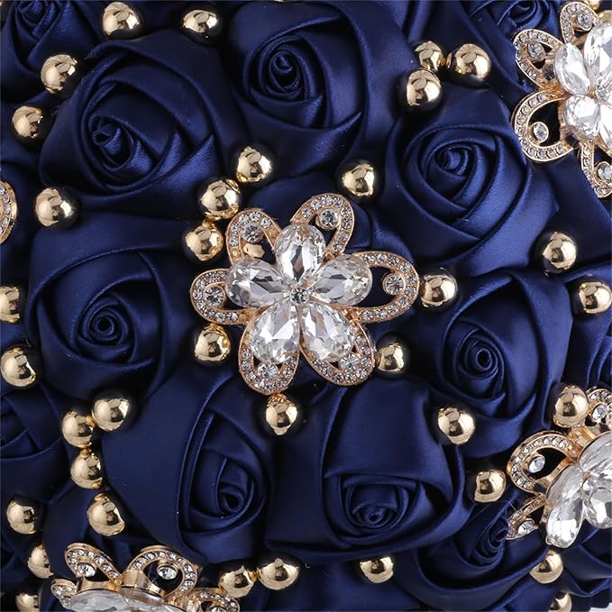 Bridal Wedding Bouquet for Bride Bridesmaid Wedding Quinceanera Throw Toss Artificial Rose Flower Bunch with Bling Brooch (66#Navy, Mini (Dia. 6.3"/16cm))