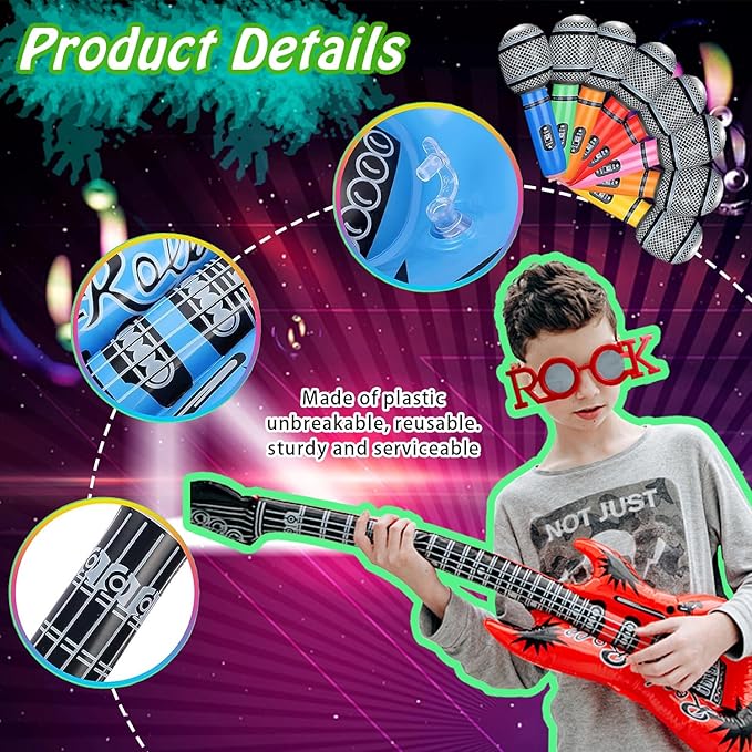 Large Rock Star Funny Sunglasses Set, Rock and Roll Party Funny Music Sunglasses, Inflatable Guitar Microphone for 70s, 80s, 90s, Music Party, Photo Booth Props for Carnival Rock and Roll Party