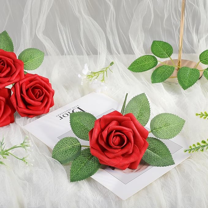 AmyHomie Artificial Flowers Red Rose 50pcs Real Looking Fake Roses w/Stem for DIY Wedding Bouquets Centerpieces Arrangements Party Baby Shower Valentines Day Christmas Tree Decorations