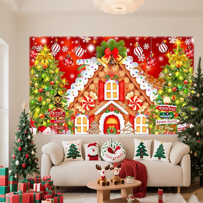 Christmas Backdrops for Photography, Gingerbread House Photo Backdrop for Wall Photoshoot, Xmas Background Holiday Party Decorations 10x8FT