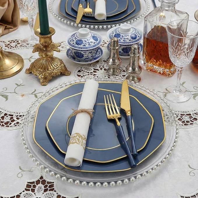 KIRE 140Pcs Blue Plastic Plates with Gold Rim - Gold Disposable Plastic Silverware with Blue Handle&Clear Cups&Hand Napkin - Geometric Party Plates for Hanukkah/Holiday/Party