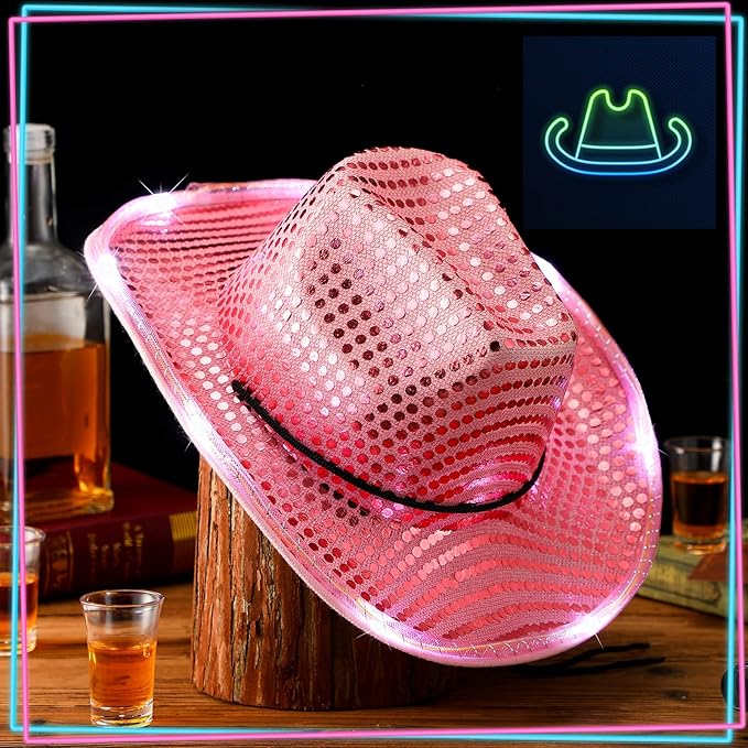 Kigeli 10 Pcs Lights LED Cowboy Cowgirl Hat LED Flashing Hat Cowgirl Hat for Western Cowboy Role Play(Silver,Sequin)