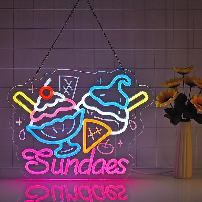 Sundaes Neon Sign, Neon Lights Hanging Wall Art Decoration for Ice Cream Dessert Shop Café Yogurt Store Summer-themed Event Home Decor, USB Powered Ultra Bright Dimmable, 15.75×12.2inches