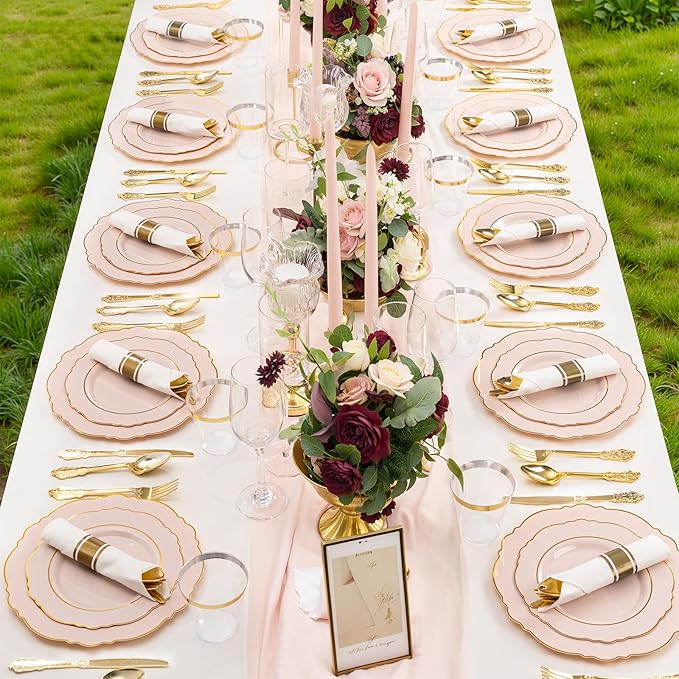 Liacere 700PCS Pink Plastic Plates-Dinnerware Sets for 100 Guests-200 Disposable Plates(10inch,7inch),300 Pink Plastic Silverware,100 Cups,100 Napkins for Wedding&Valentine's Day&Galentines Day