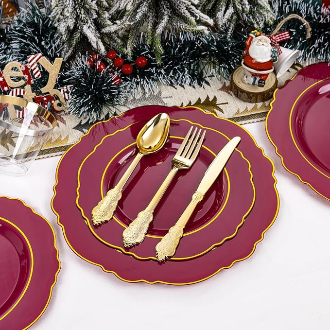 Liacere 175PCS Red Plastic Plates - Disposable Burgundy Red and Gold - 25guest Baroque Plastic Dinnerware include 50Plates, 25Pack Pre Rolled Napkins with Silverware 25Cups for Christmas