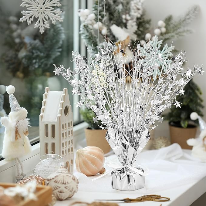 Crowye 18 Pcs Foil Spray Centerpiece Valentine's Day Table Decoration Winter Party Star Burst Metallic Table Centerpieces for Party Birthday Season Holiday(Silver)