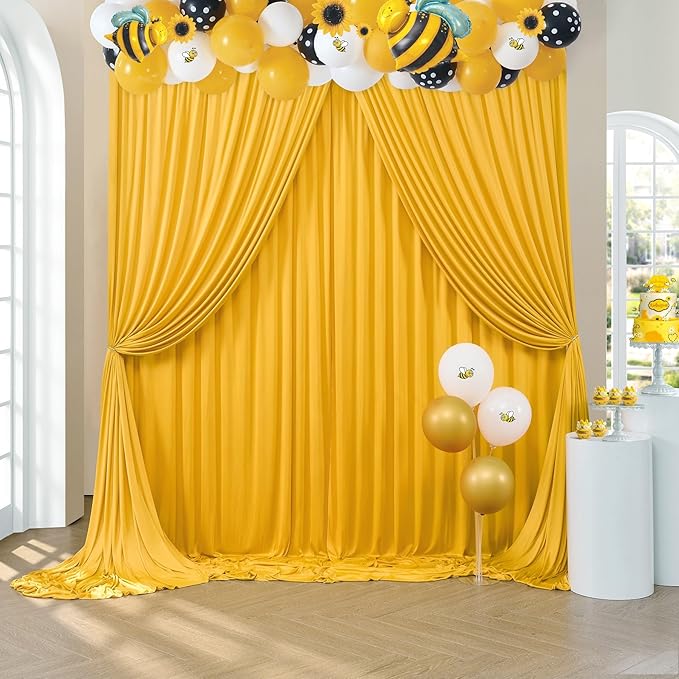 10 ft x 10 ft Wrinkle Free Yellow Backdrop Curtain for Parties, Yellow Polyester Photo Backdrop Drapes,Thick Background 2 Panels 5ft x 10ft for Baby Shower Wedding Birthday Party Backdrop Stand
