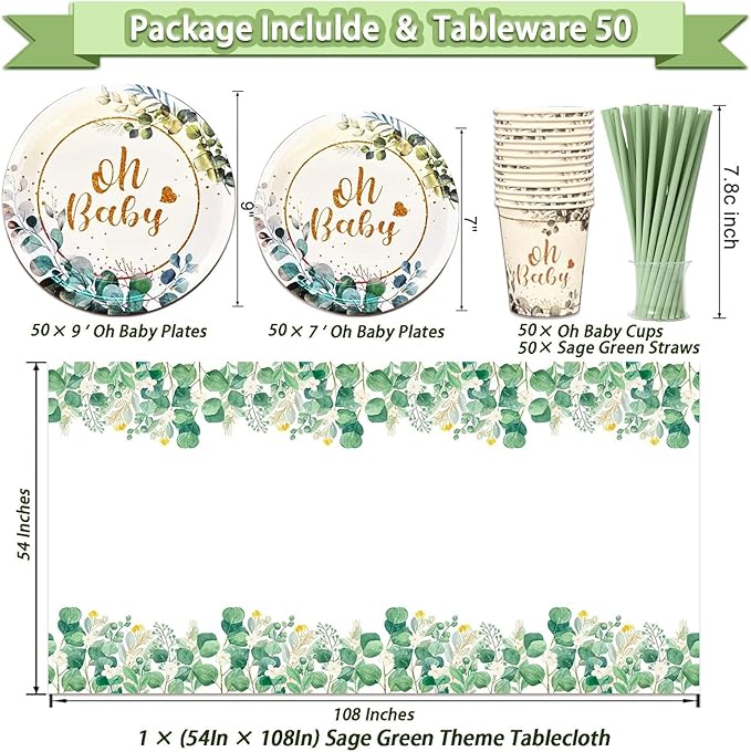 372 Pcs Sage Green Baby Shower Decorations, Neutral Baby Shower Decor Supplies- Disposable Dinnerware Set With Eucalyptus Leaf (50 Guest), "OH BABY" Banner, Balloon, Sash, Cake Topper