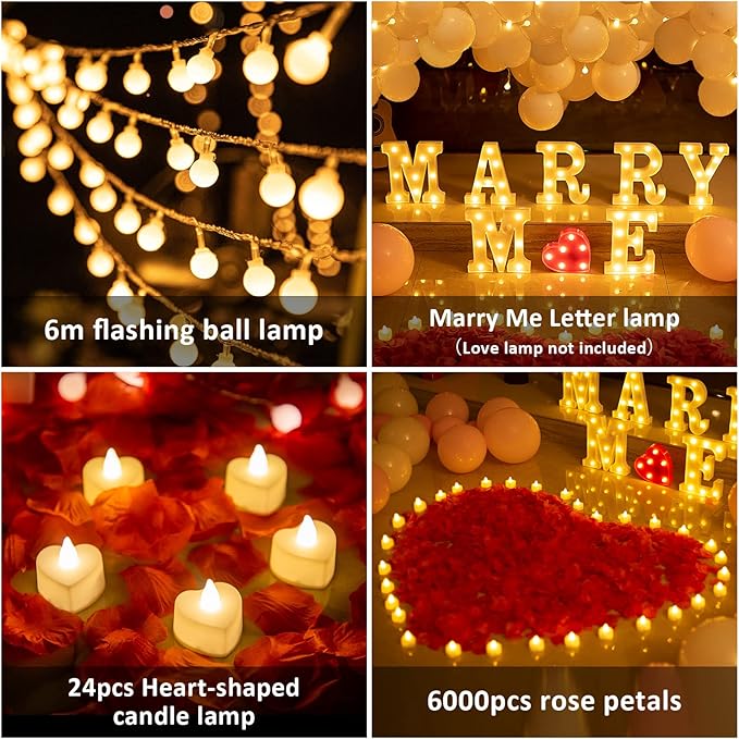 6132pcs Marry Me Marquee Light Up Letters- LED Letter Number Light Sign with Round Light Rose Petal Balloons Decoration for Proposal Engagement Wedding Home Table Decor White