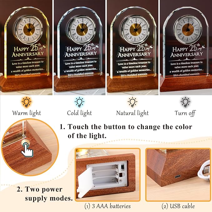 YWHL 25th Wedding Anniversary Clock Gifts for Couple, 25 Years Anniversary Keepsake Gift for Wife Husband, Table Clock Glass Presents with Wooden Light Base for Home Decoration (Battery not Included)