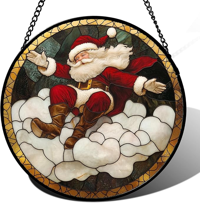 Stained Glass Window Hanging - Red White Santa Claus Clouds Suncatcher for Doors Home Christmas Decoration Sun Catcher Thanksgiving New Year Birthday Gifts for Friend Women Men Mom Nana 15 in
