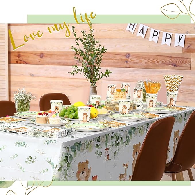 452 Pcs Party Supplies Serve 50 Guests, Paper Plates Napkins Cups Cutlery Plastic Tablecloth Dinnerware for Birthday Wedding Party Decoration(Sage Green,Woodland)