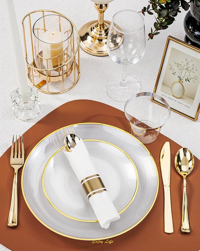 Morejoy 350PCS Pearl White and Gold Plastic Plates - Disposable Gold Party Plates & Pre Rolled Napkins with Cutlery for 50 Guests, 100Plates, 150Silverware, 50Cups, 50Napkin for Party & Thanksgiving