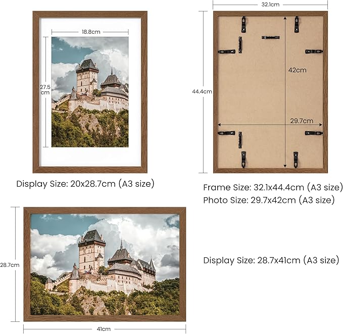 Axeman A3 Picture frame, Solid Oak Wood 11.7 x 16.5 inch Poster Frames with Mat 8.3 x 11.7 for Photo, A3 Size Frames Matted to A4 Print, 11.7x16.5 Wall Hanging Frame,Tempered Glass, Walnut