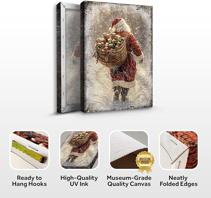 TAILORED CANVASES Vintage Santa Claus Christmas Wall Decor, Rustic Farmhouse Holiday Canvas Featuring Classic Snow Scene, Unique Art Print for Home Living Room Christmas Decoration 16x24