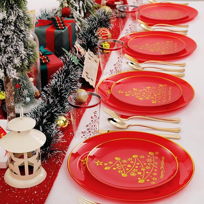 LIYH 150 Pcs Red Plastic Christmas Plates - Disposable Dinnerware Set, Christmas Plastic Plates, Red Silverware Set, Disposable Xmas Cups 10 OZ Holiday Tableware Dishes for Xmas Day 25 Guests