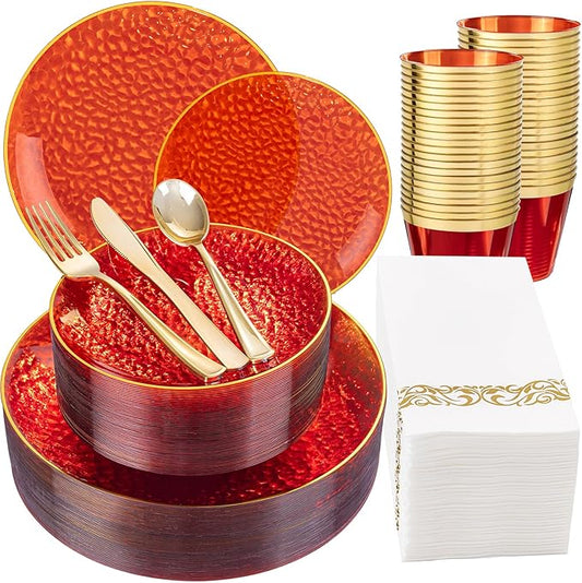 DaYammi 175PCS Clear Red Plastic Dinnerware Set, Hammered Disposable Plates for Valentine's Day Party, Include: 25 Dinner Plates 25 Dessert Plates 75 Gold Silverware 25 Napkins 25 Cups