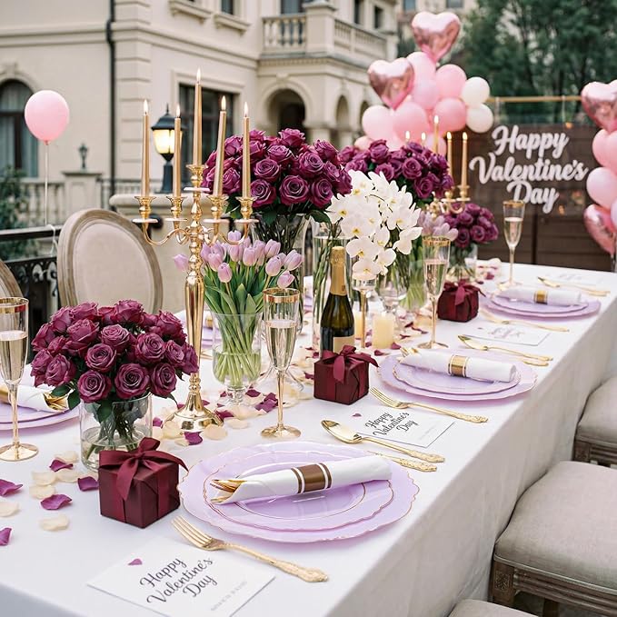 Liacere 350PCS Purple Plastic Plates - Disposable Light Purple and Gold Plates 50guest Baroque Plastic Dinnerware include 100Plates,50Pack Pre Rolled Napkins with Silverware 50Cups for Valentine’s Day