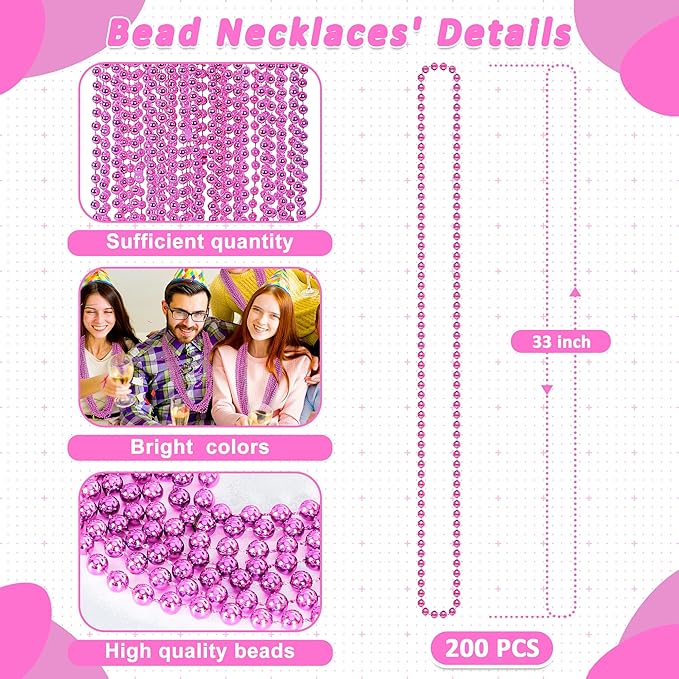 200PCS Mardi Gras Accessories, 33" Bead Necklace, Mardi Gras Beads, Party Costume Beads Parade Throws Bulk Party Favors Supplies Decor for Pirate Gender Birthday Wedding